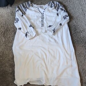 Chico's Embroidered White Peasant Blouse with Black And Tan Detailing